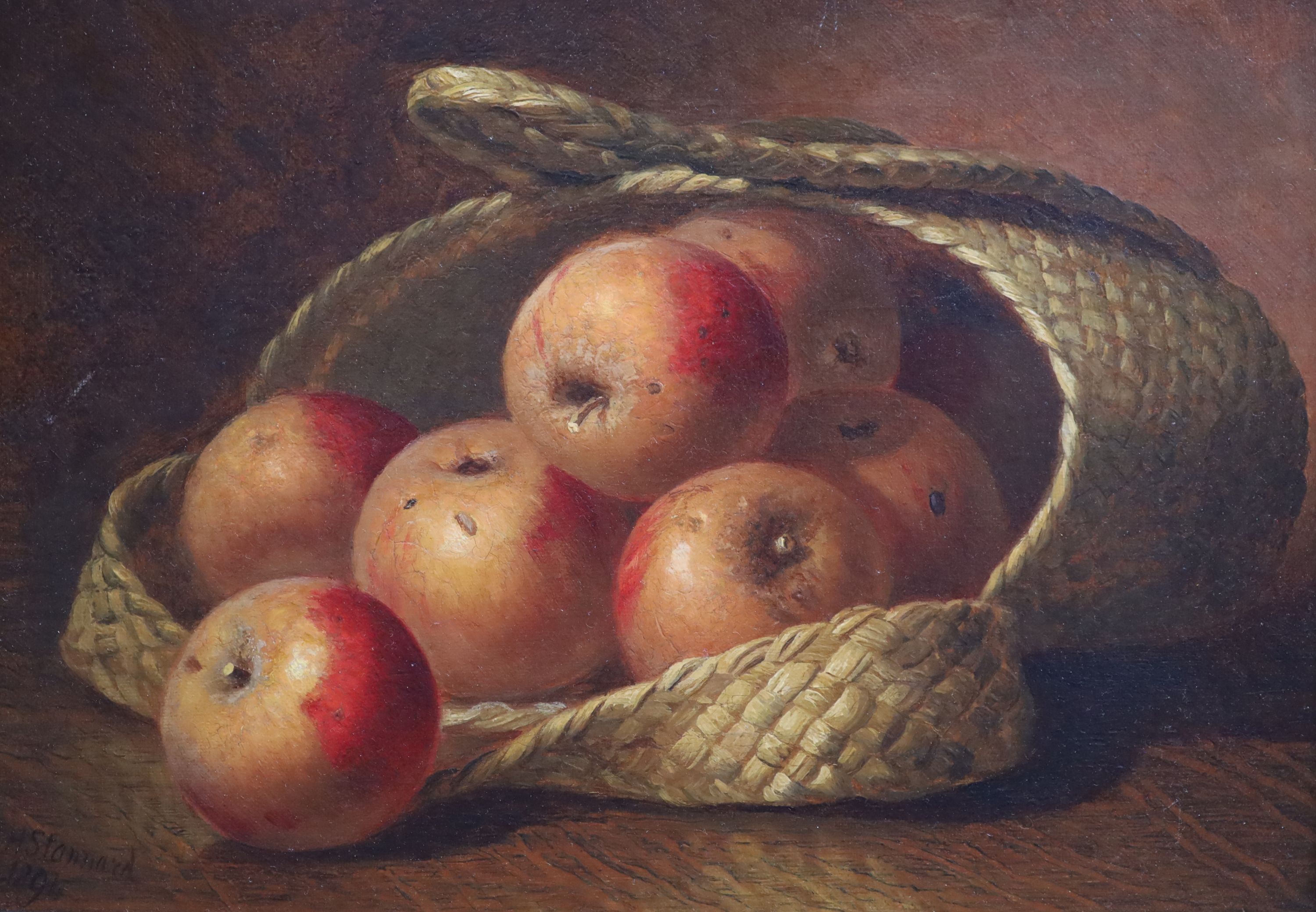 Eloise Harriet Stannard (1806-1889), Still life’s of apples and grapes in a basket, Oil on canvas, a pair, 21 x 30cm.